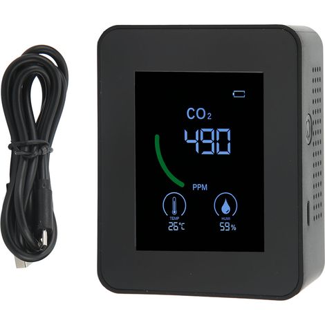 Kohlendioxiddetektor, USB-Ladefunktion, TVOC-Sensor, Halbleiter-Luftqualitätsmonitor mit Temperatur- und Feuchtigkeitsmessung, schwarz