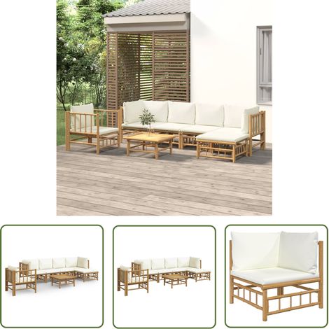 The Living Store Salon de jardin 7 pcs avec coussins blanc crème bambou - Salon De Jardin - Mobilier De Jardin - Ensemble Salon - Ensemble De Meubles De Jardin - Bamboos (1/5)