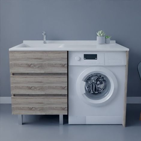 Cuisibane – Meuble lave-mains avec plan vasque déportée 124 cm x 65 cm – Bois – 3 tiroirs avec amortisseurs – Fabrication européenne
