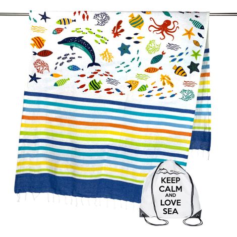 TELO MARE fouta PESCI COLORATI misura GRANDE con zaino Spiaggia KEEP CALM CM.100X200