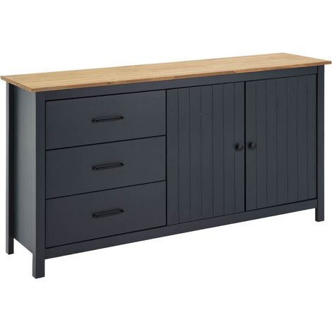 TINA - Buffet Bas 2 Portes 3 Tiroirs Bois Ciré coloris Bleu Pétrole (1/5)