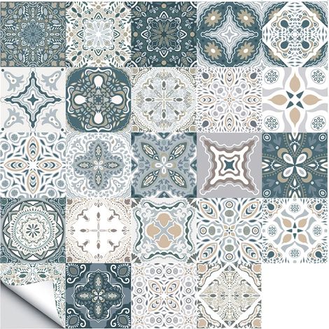 Stickers Carrelage 24 Pièces, Autocollants de Carrelage Adhésifs Mural, Autocollants Marocains Imperméables pour Décoration de Cuisine, Salle de Bain, Chambre à Coucher (24 Pièces, 10×10cm) (1/5)