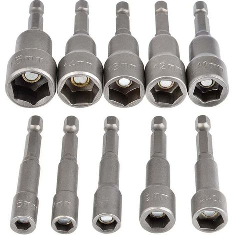 10-teiliges magnetisches Sechskant-Steckschlüssel-Set, 6–15 mm Schlagschrauber-Steckschlüssel, magnetischer Sechskant-Steckschlüsselsatz, 1/4"-Sechskant-Steckschlüsseladapter