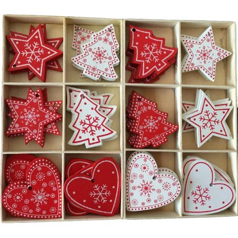 Ornement De Sapin De Noël - Bois Naturel - Rouge Blanc - 60 Pièces - Décoration Festive Pour Arbre Intérieur Extérieur (1/5)