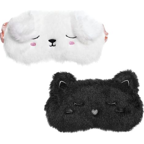 Set di 2 mascherine per dormire in morbida e graziosa peluche a forma di animale, soffici al tatto, con motivi a cartoni animati, in bianco e nero, regolabili, comode e leggere. (1/5)
