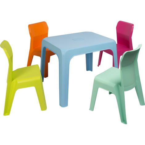 garbar JAN Set 4+1 Infantil Silla-Mesa Interior, Exterior Azul Cielo/Fucsia/Naranja/Verde Lima/Aquamint