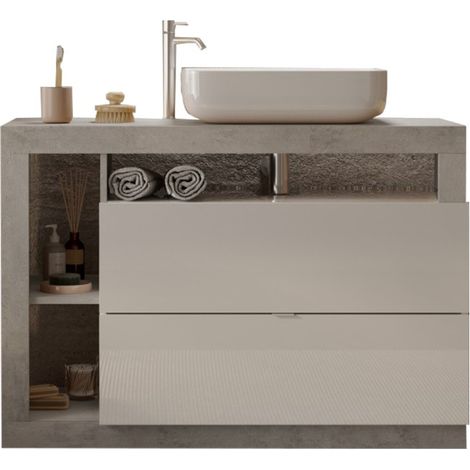 Meuble de salle de bain avec une vasque et 2 tiroirs, collection BURA. Coloris blanc brillant et béton (1/3)