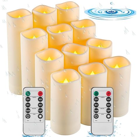 Lot de 12 bougies d'extérieur étanches à piles LED sans flamme, résistantes aux hautes températures. (1/5)