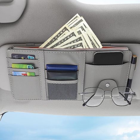 Organisateur de pare-soleil de voiture, intérieur de voiture, cuir, organisateur de lunettes de soleil, porte-cartes (29x15cm) (1/5)