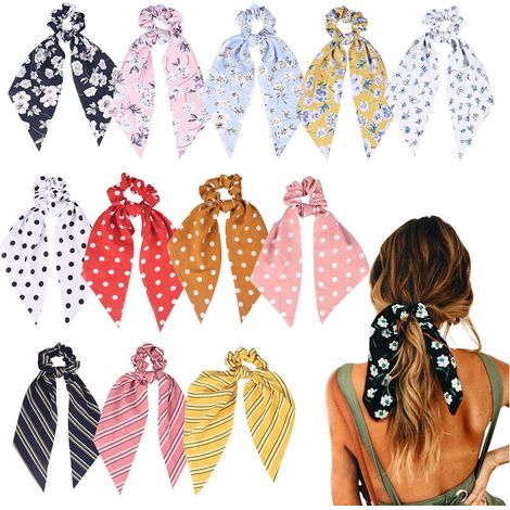 Hair Scarf - Chiffon Floral Scrunchie Set - 2 in 1 Ponytail Holder & Headband - for Women and Girls - 12 Pieces (1/5)
