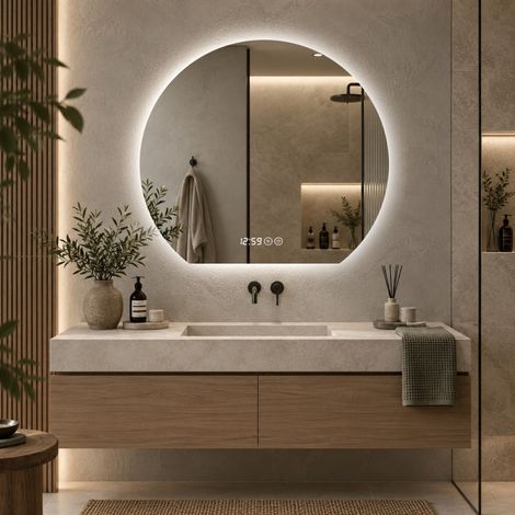 Miroir de salle de bain LED 80 cm avec éclairage, intensité réglable, antibuée, affichage heure et température, verre miroir argenté HD 5 mm (1/5)