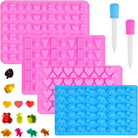 Moldes de silicona para caramelos de 4 piezas con 2 goteros, moldes de silicona para chocolate, moldes de silicona para caramelos de goma, moldes reutilizables para caramelos de goma (1/5)