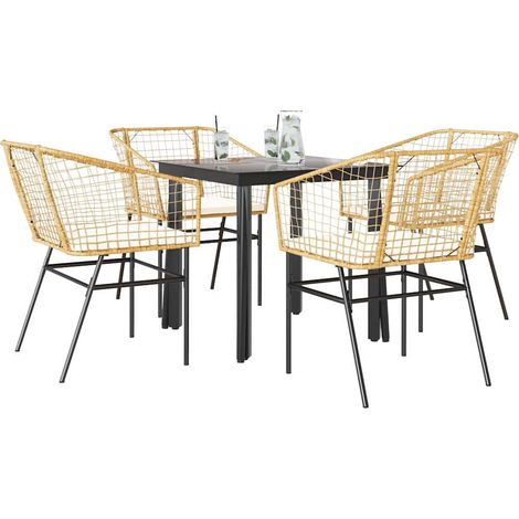 5-tlg. Garten-Essgruppe mit Kissen Braun Poly Rattan Glas