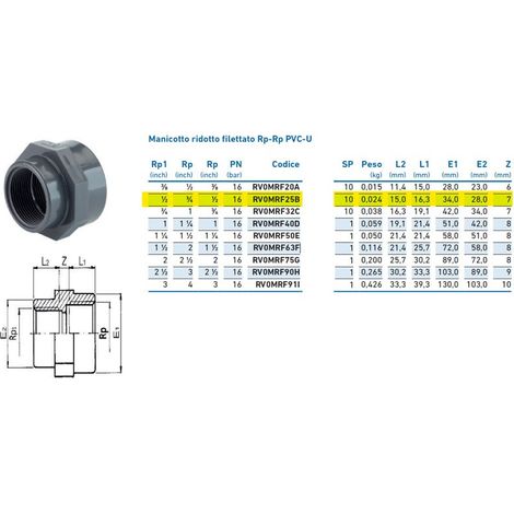 Manicotto ridotto filettato Rp-Rp PVC-U 3/4"x1/2" INPFMR225B00 - - IRRITEC - -