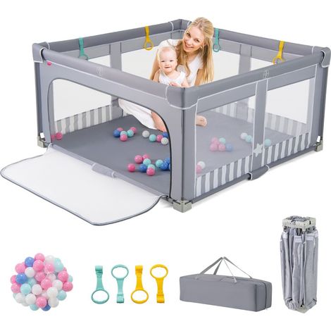 Parc bébé gris foncé 127 x 127 cm pliable avec filet transparent, porte zippée et 50 balles pour maison et jardin