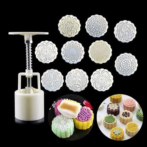 Moule à gâteaux de lune 100 g, 10 tampons, presse manuelle, moule à pâtisserie pour gâteaux de lune, ustensiles de cuisson à faire soi-même, Fête de la Mi-Automne (1/4)
