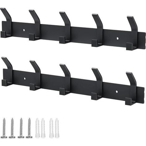 Paquete de 2 Barras de Perchas con 5 Ganchos, Ganchos de Pared de Aluminio Negro, Perchero de Pared para Dormitorio, Baño, Cocina y Recibidor (1/5)