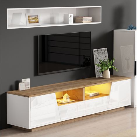 Mueble para TV de tablero de partículas blanco y madera natural 180 x 40 x 46 cm con LED, 2 cajones y 2 armarios (1/5)