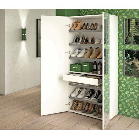 Dmora - Zapatero Dminiat, Mueble recibidor multiusos con puerta de espejo, Zapatero moderno con 6 baldas, 100% Made in Italy, 72x37h195 cm, Blanco y Cemento (1/5)