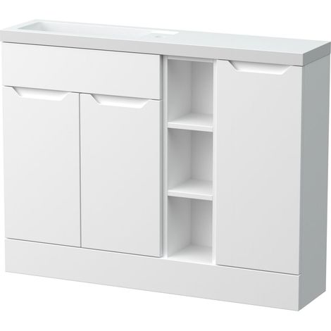 Teddesley Floor Standing Compact 3 Door Combination Vanity Basin Unit with Open Shelves and Polymarble Basin, 1100mm, Matt White