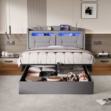 JOOKGBD–Letto a Contenitore 140x190 cm,Letto Matrimoniale Imbottito,Contenitore Idraulico,LED,USB,Testiera con Vano,Rete a Doghe,Adolescente,Lino,Grigio Chiaro