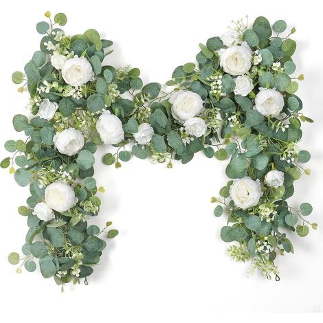 Juego de 2 guirnaldas de flores artificiales de eucalipto, de 3,6 m de largo, con una guirnalda de flores blancas para decoración de bodas, fondo de mesa, centro de mesa, decoración de dormitorio.