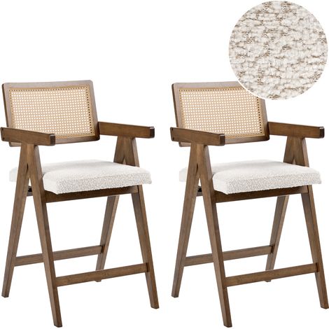 Set of 2 Bar Chairs Brown and Light Beige Rubberwood Frame Boucle Seat Retro Dining Room Kitchen AVA (1/5)