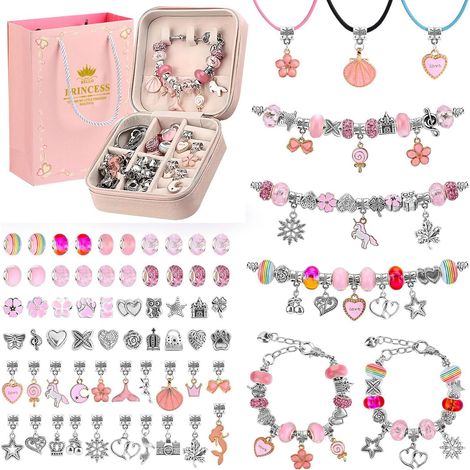 Kit de création de bracelets pour filles, 66 pièces de perles, création de bracelets à faire soi-même, cadeau idéal pour adultes et enfants, convient aux filles de 3 à 12 ans (rose) (1/5)