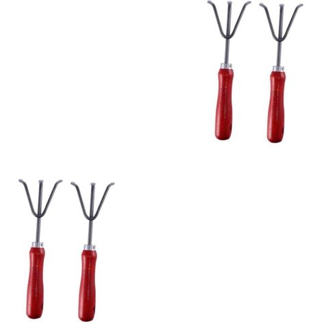 Ensemble de 4 pièces de râteau à trois dents de jardinage petit râteau de jardin désherbage outils de jardinage outils de désherbage pinces de jardin râteau manche en bois rouge 4 pièces