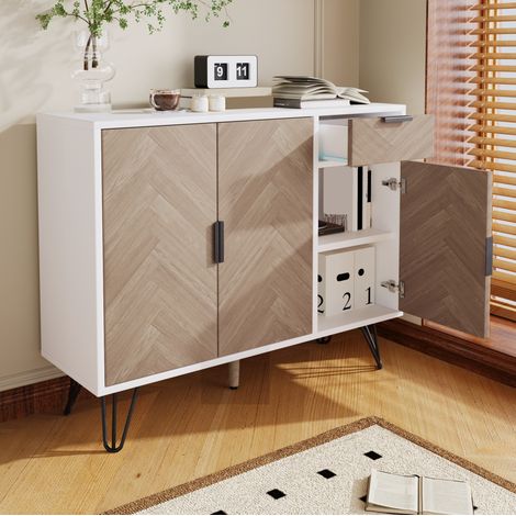 Aparador 90 x 30 x 71,5 cm con 1 cajón, estantes regulables, blanco y efecto madera HAVRYA (1/5)