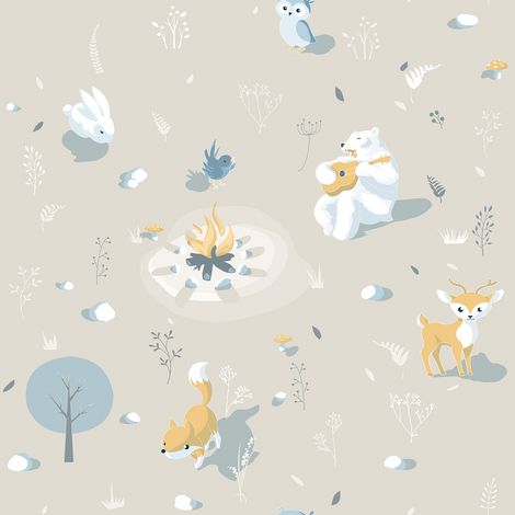 Papier peint enfant animaux forêt fond beige (1/2)