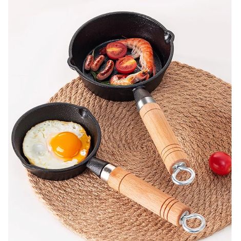Gusseiserne Bratpfanne – 10 cm emaillierte gusseiserne Bratpfanne mit Holzgriff, geeignet für Induktions-, Gas-, Ceran- und Elektroherde sowie spülmaschinenfest. Mattschwarz (1/4)