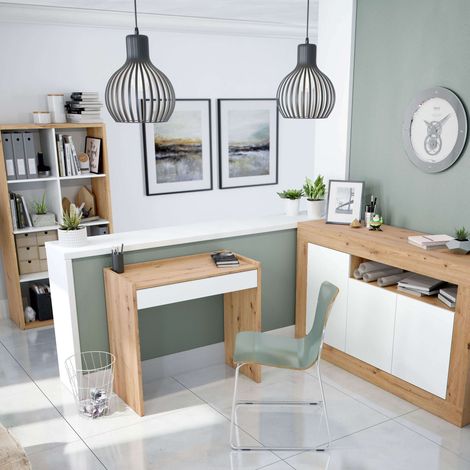 Pack de oficina muebles acabado en color roble nodi y blanco mate moderno (escritorio + estantería + aparador)