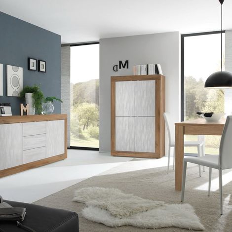 Ensemble Séjour Buffet 2 Portes 3 Tiroirs aspect bois finition Mercure façades blanc texturées - OTELLO (1/4)