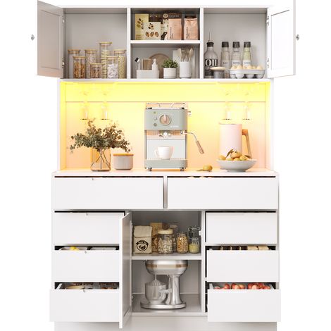 ELVMI Colonna da Cucina con 8 Cassetti e Ripiani Regolabili e LED per Cucina in MDF 120 × 40 × 183.5 cm Bianco (1/5)