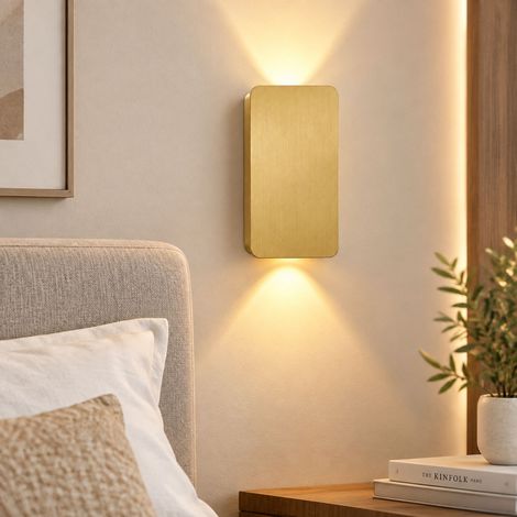 Aplique de pared escandinavo, aluminio dorado cepillado, 6W, 3000K, iluminación bidireccional (arriba/abajo), decoración interior moderna y elegante. (1/4)