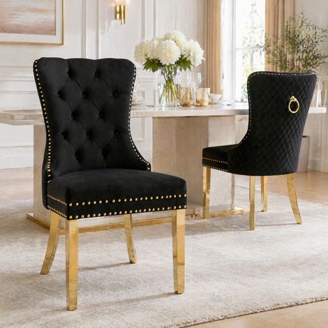 Chaise de salle à manger en velours noir, dossier à anneau, pieds dorés DESVIAE (1/5)