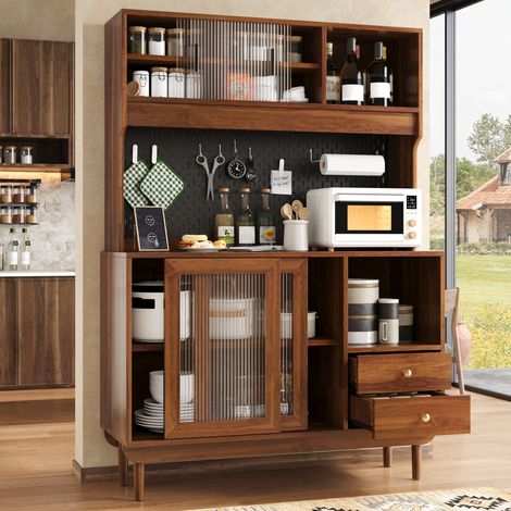 Buffet de cuisine avec portes coulissantes en verre cannelé, panneau perforé, tiroirs, niches ouvertes, MDF panneaux de particules, pied en pin, noyer (1/5)
