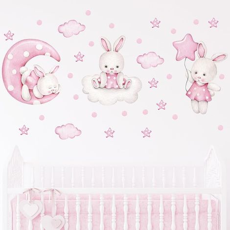 Autocollants muraux mignons en motif lapin lune et étoile pour chambre de bébé décoration d'enfant Pvc (1/5)