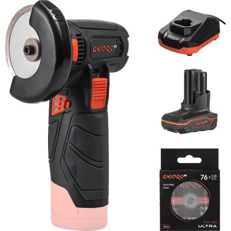 Meuleuse d'Angle sans Fil CG-12BC Ultra 12V Brushless - Mini Meuleuse Compacte 76 mm avec Batterie 4Ah, Chargeur et 5 Disques à Tronçonner pour Métal, Pierre, Céramique et Porcelaine - Par Dnipro-M