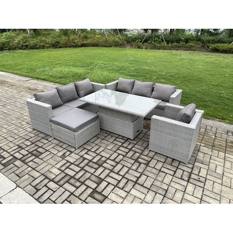 Fimous Polyrattan Gartenmöbel Set mit 2 Sofa, Höhe verstellbar Esstisch und Sessel, Großer Hocker Outdoor Terrassen Essgruppe Helles Grau (1/5)