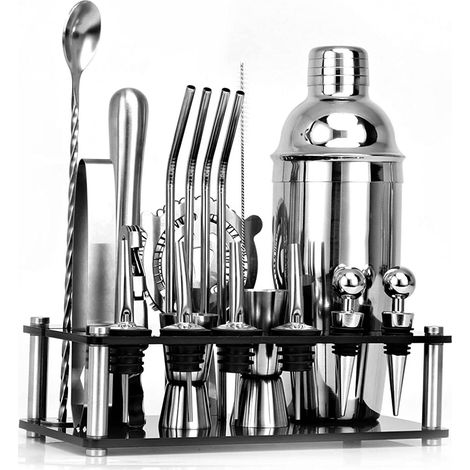 Set da bar per la preparazione di drink 20 pezzi, acciaio inox, shaker argento 750 ml, supporto in acrilico nero