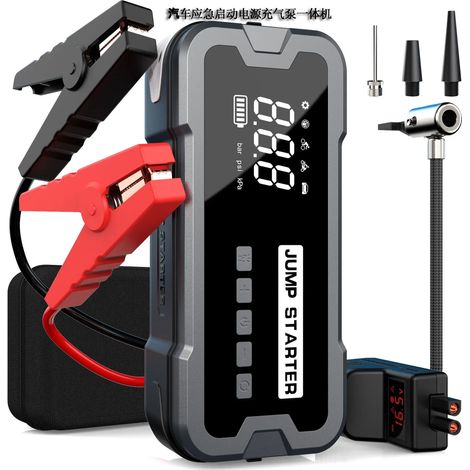 Démarreur de secours pour voiture avec courant de crête de 2000 A, fonction quatre en un (démarrage, gonflage, éclairage et batterie externe). (1/5)