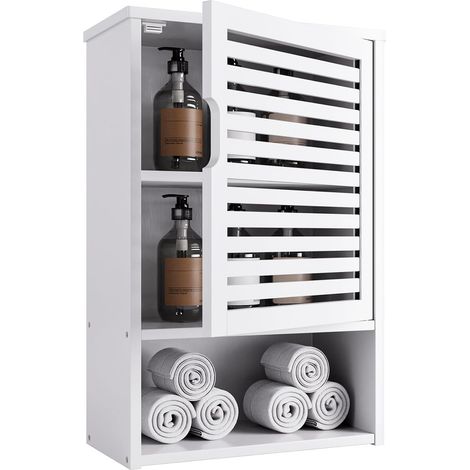 Armoire Murale de Salle de Bain avec Porte, Armoire à Pharmacie en Bambou Peu encombrante au-Dessus des Toilettes, Organisateur de Rangement de Cuisine Suspendu, étagère réglable, Blanc (1/5)