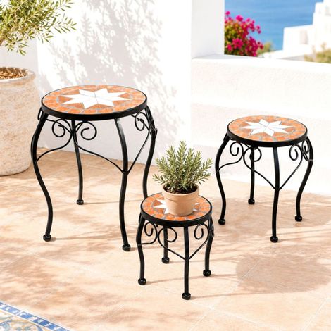 DanDiBo Tabouret à fleurs Mosaïque Rond Set de 3 pièces 20, 27, 37 cm Support pour fleurs 12014 Support pour plantes Petite table en mosaïque (1/5)