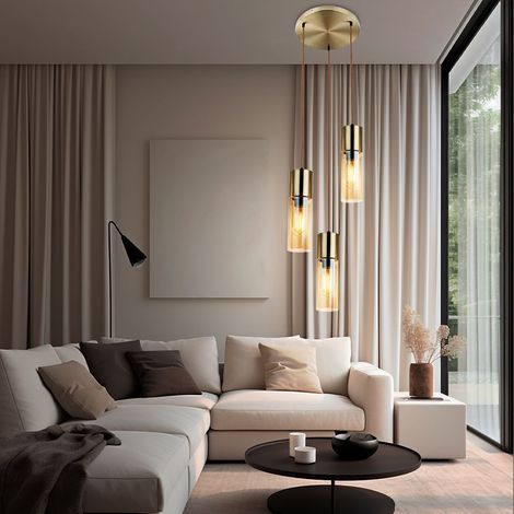 LED Pendelleuchte 3 flammig Decken Hängelampe Metall Glas Pendellampe Hängeleuchte, Metall Messing Glas amberfarben, 3x 7W 3x 806lm warmweiß, DxH 30 x 150cm