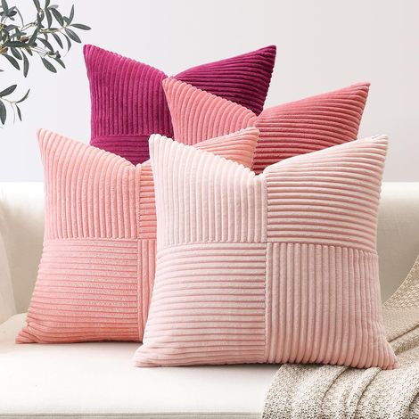 Juego de 4 fundas de pana a rayas estilo bohemio de 55x55 cm con cremallera invisible. (1/3)