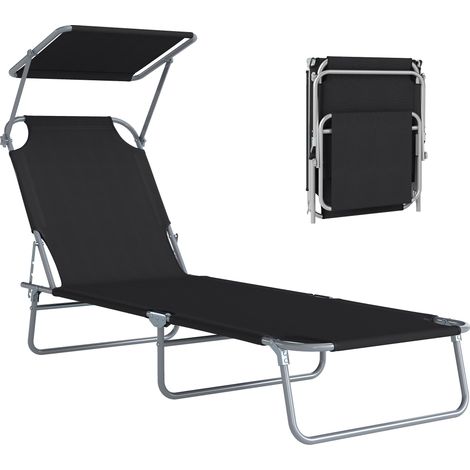 Transat pliable et confortable avec dossier multi-réglable et pare-soleil ajustable, dimensions : 187 x 58 x 36 cm (L x l x H), noir