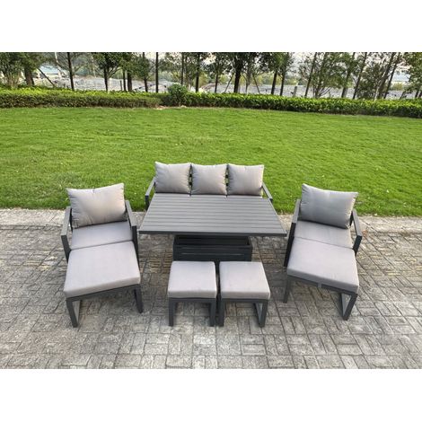 Fimous Aluminium Garden Furniture Sets 9 Seater Outdoor Sofa Set with Adjustable Rising Lifting Dining Table 2 Chairs 4 Footstools (1/5)