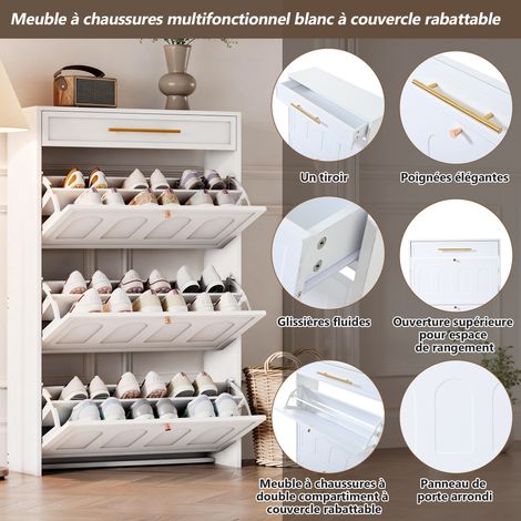 7025123,5 cm. Meuble moderne pour ranger les chaussures. Il comporte 6 compartiments et une étagère supplémentaire.Fabriqué en MDF, la couleur est blanche. (1/5)